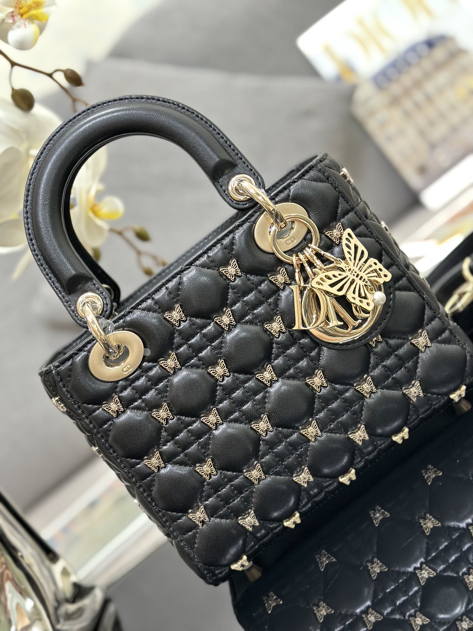 Small Lady Dior Bag Black Lambskin with Butterfly Nail